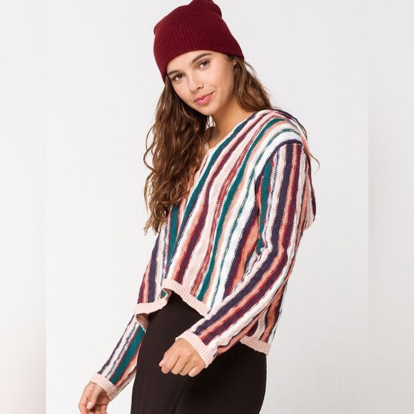 Roxy Tilly’s Exclusive Pink Teal White Red Vertical Striped Hooded Knit Sweater - Picture 1 of 16